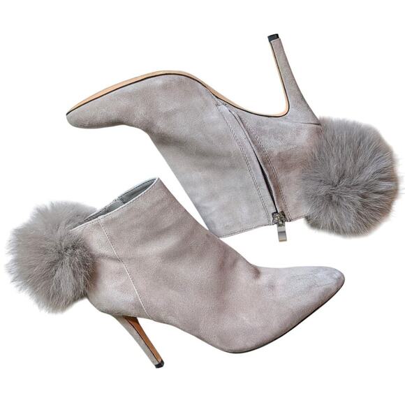 Antonio Melani Grey Leather Suede Fox Fur Pom Pom Ankle Boots Heel Womens 6M - Picture 4 of 10
